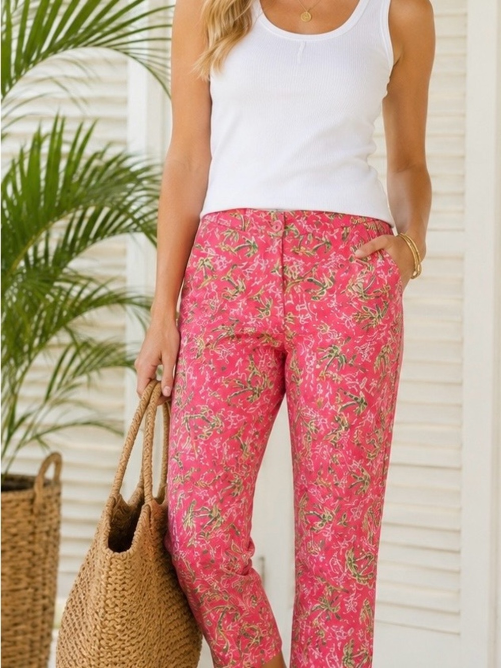 Lilly Pulitzer Pink Palm Tropical-Print Cropped Pants - Size 2